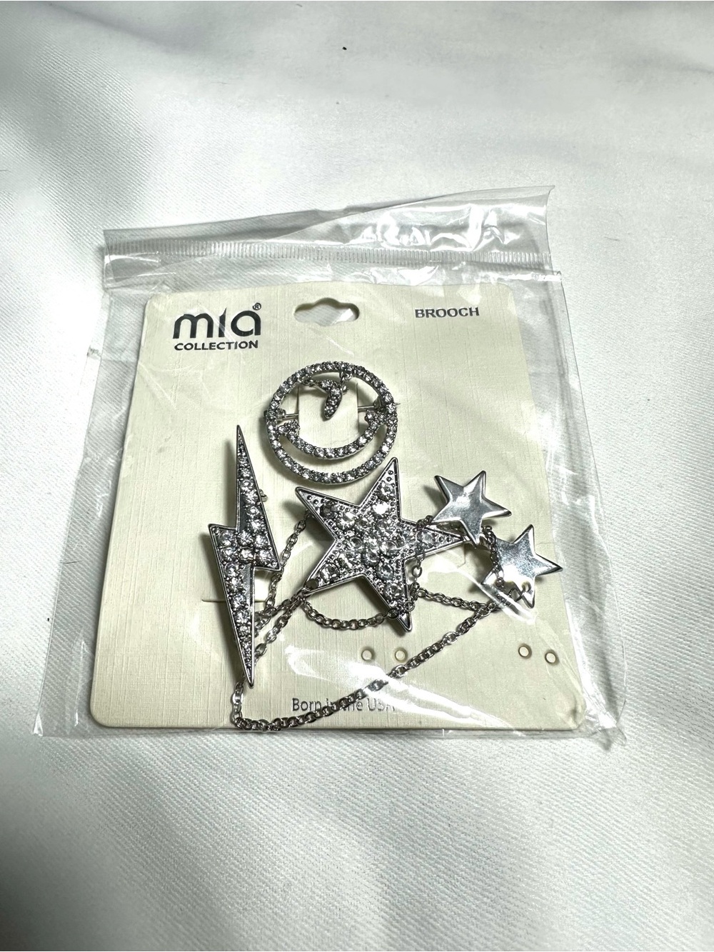 M49. Mia Collection Celestial Moon Star Lightning Rhinestone Chain Brooch NWT